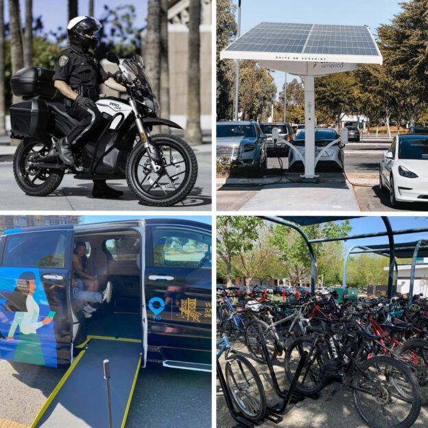 Examples of previous projects funded through District grant programs: Zero-Emission Electric Patrol Motorcycle for the City of Winters (top-left), Driving on Sunshine solar EV-charger for the City of Vacaville (top-right), Via-Rideshare in West Sacramento (bottom-left), and new bike racks for North Davis Elementary School (bottom-right).